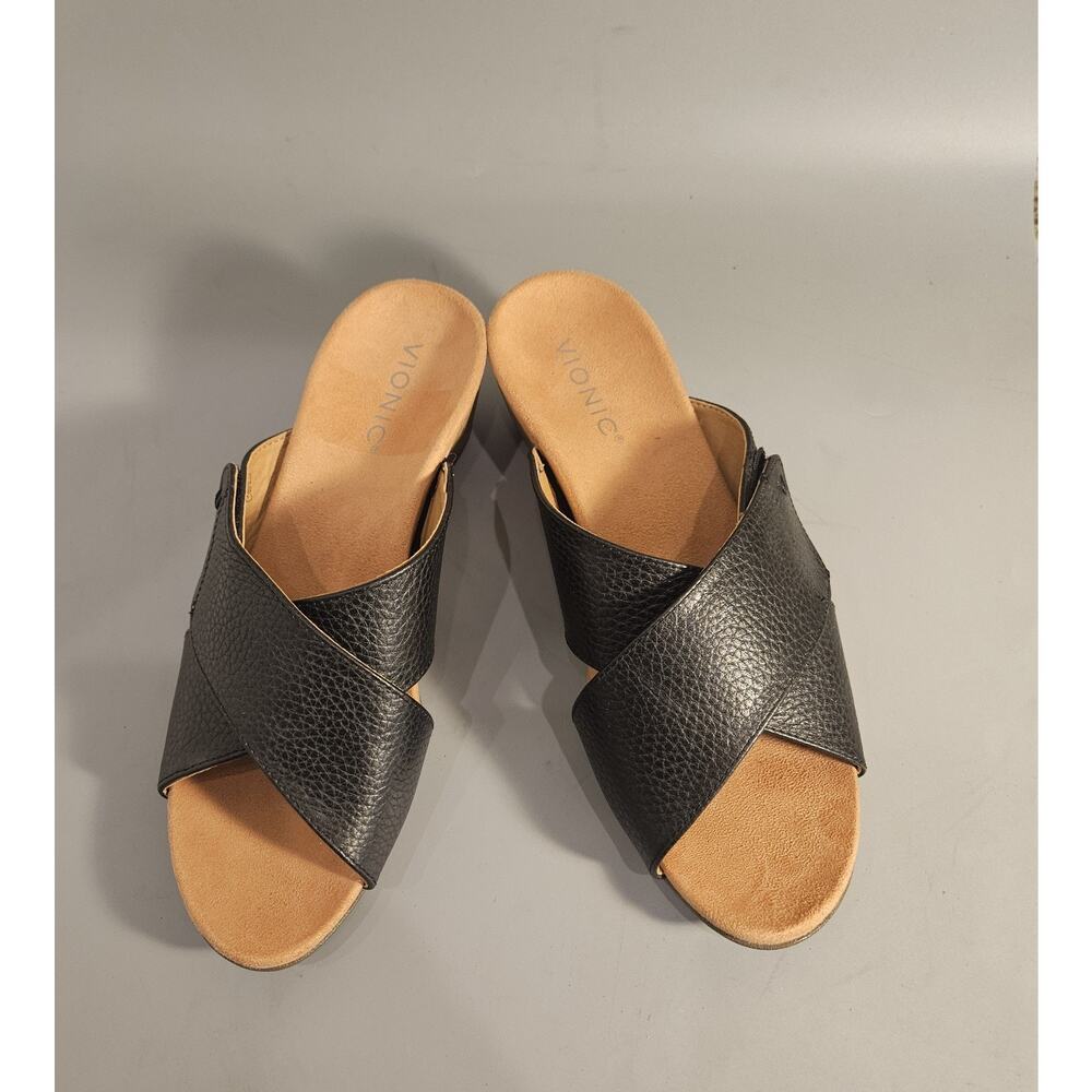 Vionic Leticia Black Leather Lizard Criss-Cross Sandal Wedge Women’s Sz 8 EUC